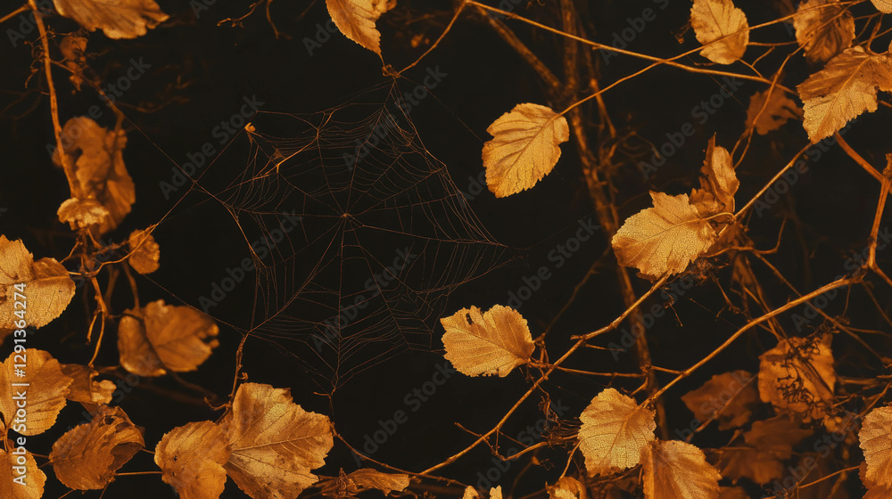 Poster autumn themed abstract background with golden spider web and dry leaves