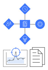 Clock, gear, document, graph with target, team, and light bulb connected in a flowchart. Ideal for workflow, productivity, planning teamwork innovation data analysis abstract line flat metaphor