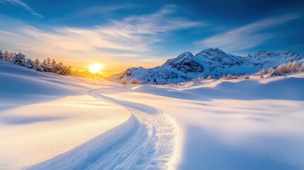 Majestic snowy mountains bathed in the soft light of sunrise, creating a breathtaking view that captures the essence of adventure and the beauty of nature.