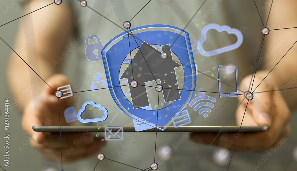 Poster home data. Digital cyberspace with particles and Digital data network connections concept.