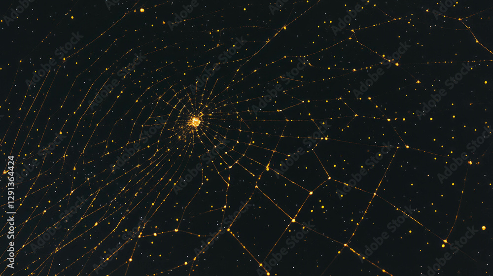 Poster Golden spiderweb pattern with glowing dots for background or design