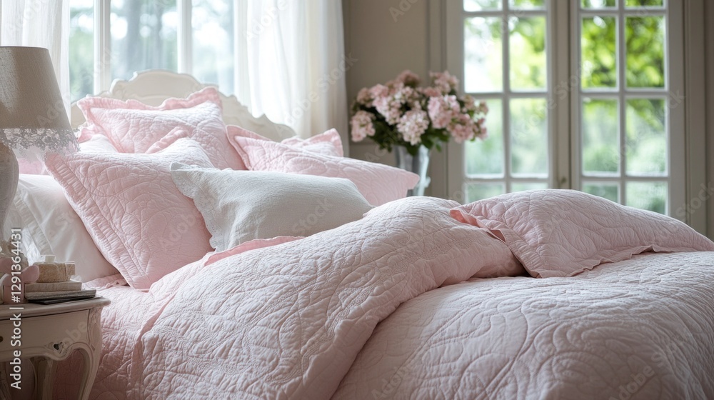 Poster delicate pink linens adorn a plush bed, inviting relaxation. sunlight filters through large windows,