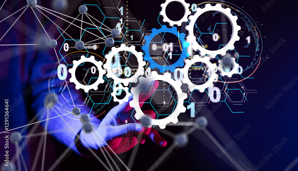 Poster Neural network 3D illustration. Big data and cybersecurity