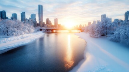Obraz premium A stunning winter scene showcasing a city skyline brightened by the rising sun reflecting off a frozen river, surrounded by serene white snow and frosty trees.