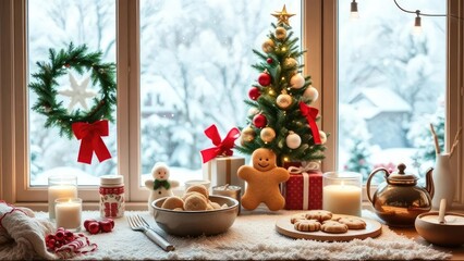 A snowy window background with a festive holiday kitchen and cookie baking, soft lighting,