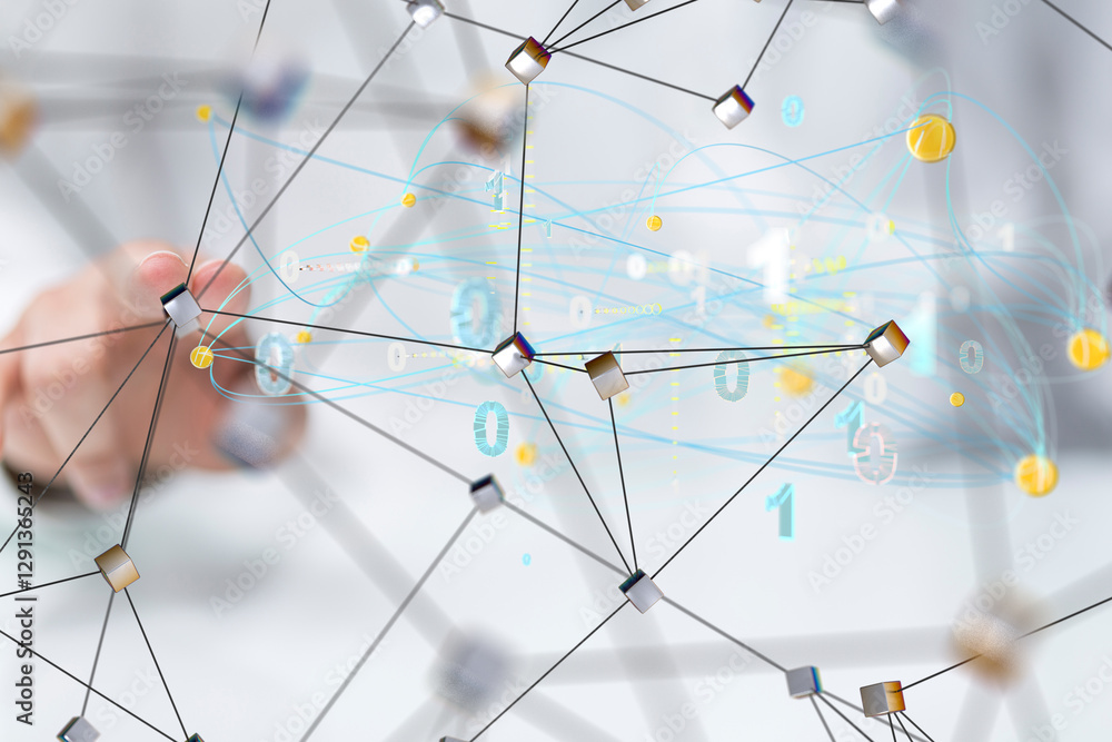 Aufkleber Global network. Blockchain. 3D illustration. Neural networks and artificial intelligence. Abstract  3d