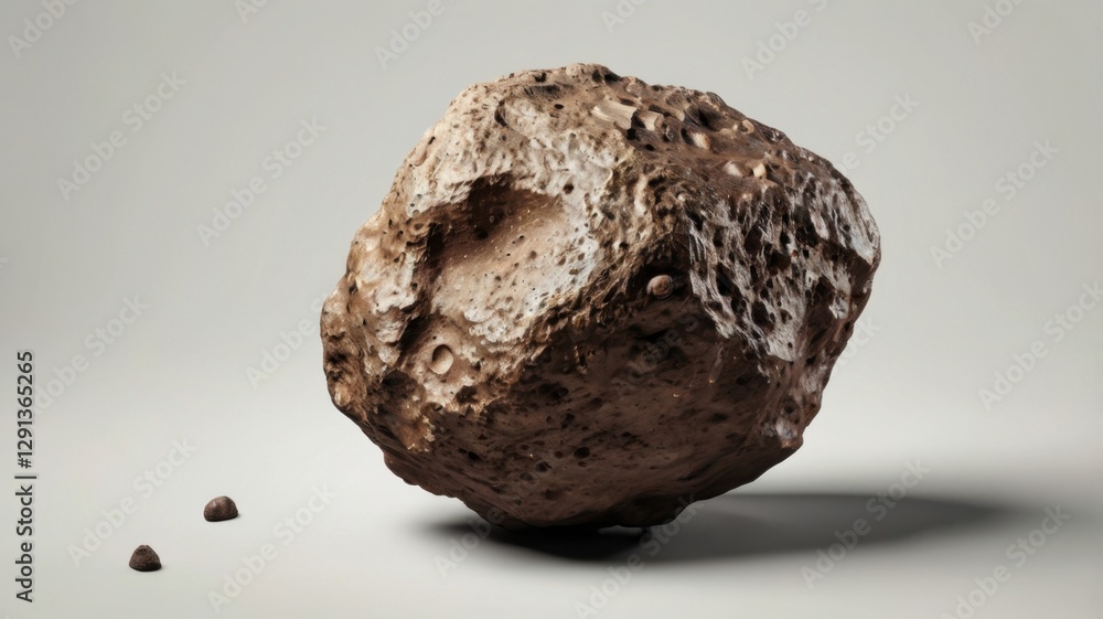 Aufkleber isolated brown asteroid with rough surface texture and small shadow on white background