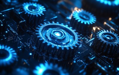 Blue gears with glowing light elements on a dark abstract background, futuristic technology design, intricate mechanics, digital motion effects, ultradetailed 8K UHD