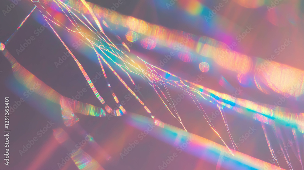 Poster Enchanting golden spiderweb with rainbow reflection for creative background design