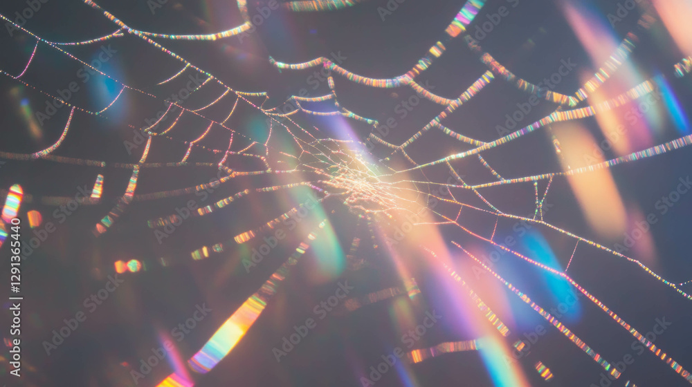 Poster enchanting golden spiderweb with rainbow reflections for decorative background
