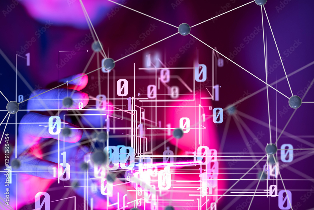 Poster Global network. Blockchain. 3D illustration. Neural networks and artificial intelligence. Abstract