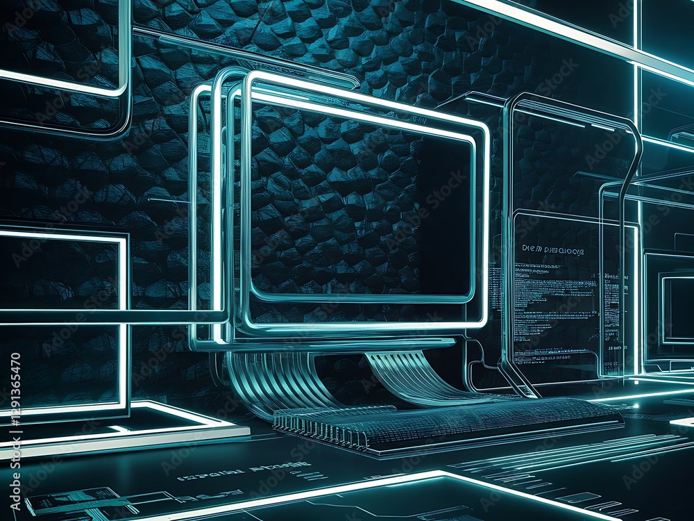 Poster background texture with glowing frames and splines for themes of science computers and technology