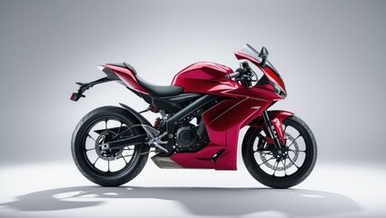 Ruby Red Sports Bike Dynamically Posed with Sleek Design Chrome Accents and Clean Studio Background for Automotive Visuals