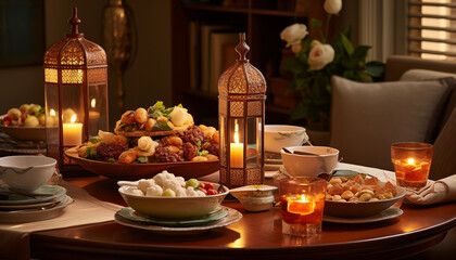 Ramadan Iftar Dinner Middle Eastern Food Lanterns Candles