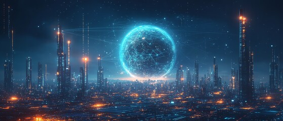 Obraz premium Digital art of a city with a large globe at the center, enveloped in a glowing web of digital connections, hightech network design, futuristic city atmosphere, 8K resolution