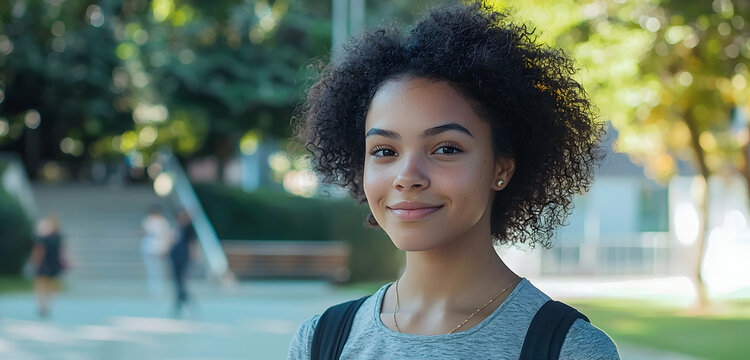 Mixed race student intern smiling, hopeful on university campus