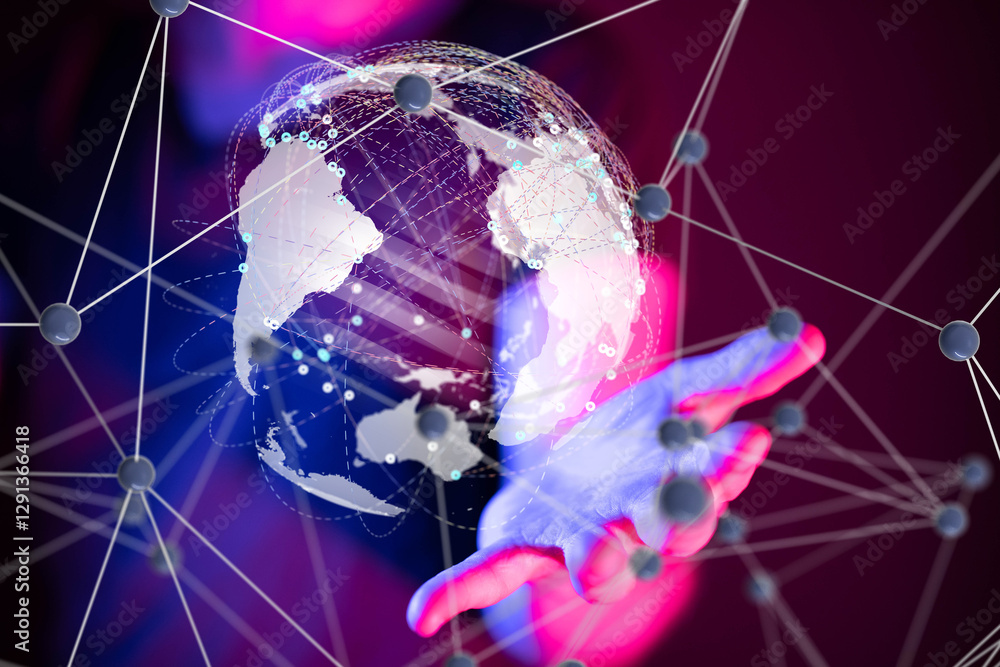 Leinwandbilder world Global network. Blockchain. 3D illustration. Neural networks and artificial intelligence. Abstract