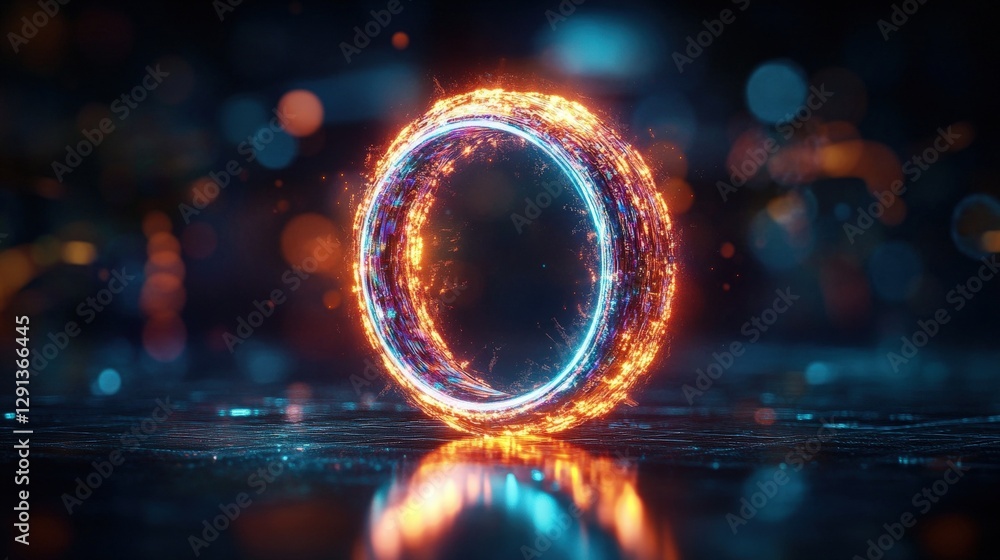 Poster glowing circular ring with bright light in the center creating an illuminated effect on a dark backg