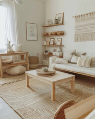 Montessori-inspired home with low shelves, neutral tones, and furniture tailored to children's heights for independent learning