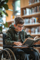 Obraz premium Cheerful student with disabilities explores literature in library setting