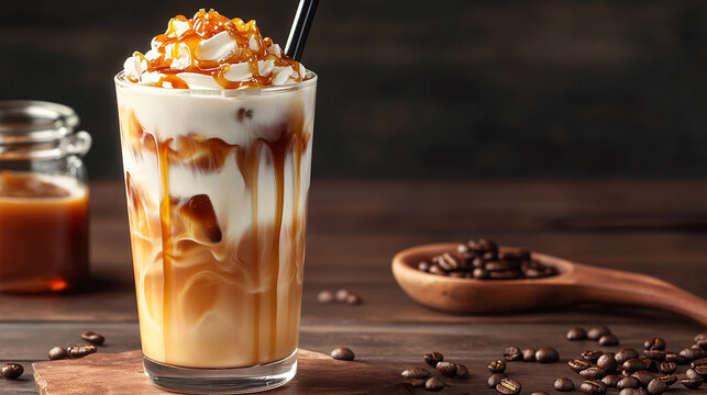 A tall glass of iced caramel macchiato with coffee