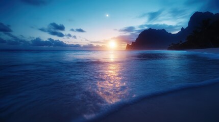 Obraz premium An enchanting view of a dusky beach setting with the sun setting behind dramatic cliffs, creating a mesmerizing silhouette against the vibrant twilight sky.