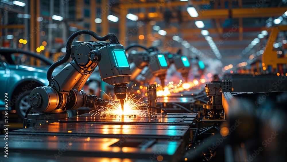Poster robotics in a modern automotive assembly line with welding sparks during daytime work hours