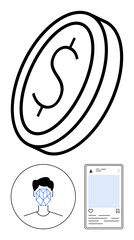 Coin with dollar sign, biometric face recognition graphic, and smartphone interface. Ideal for fintech, security, e-commerce, identity verification, blockchain, AI tech abstract line flat metaphor