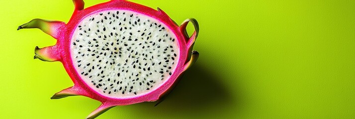 Exotic dragon fruit with white flesh and black seeds on a neon green background