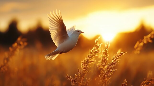 A white dove captivated in mid-flight over a field at sunset, illustrating the themes of peace and harmony, making it an evocative depiction of beauty in nature during golden hour. - Powered by Adobe