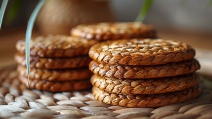 Obraz premium Stack of woven straw coasters on a matching woven surface with soft natural light creating a cozy and rustic atmosphere