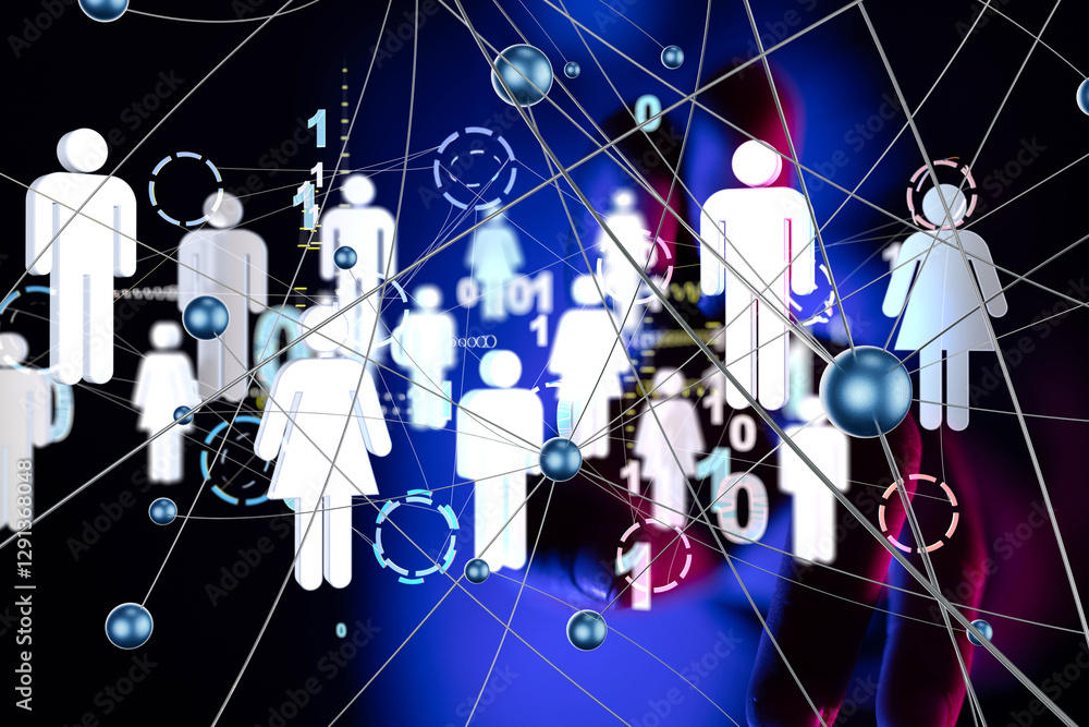 Poster Global network. Blockchain. 3D illustration. Neural networks and artificial intelligence. Abstract