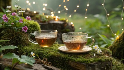 Artistic condensation patterns on glass cups of tea surrounded by nature at dusk with soft lighting and floral accents