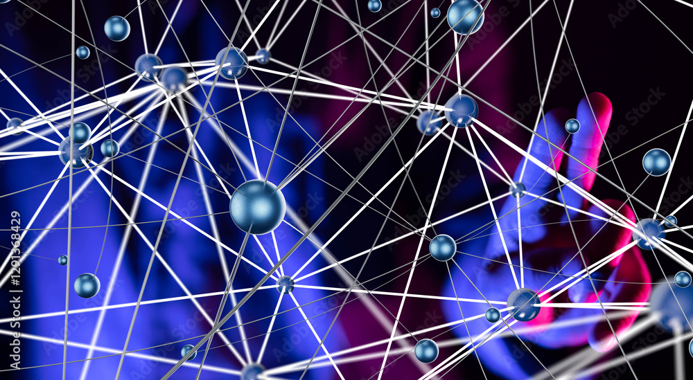 Aufkleber Global network. Blockchain. 3D illustration. Neural networks and artificial intelligence. Abstract