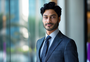 Fototapeta premium Confident Young Indian Entrepreneur in Business Suit Standing in Modern Office with a Subtle Smile