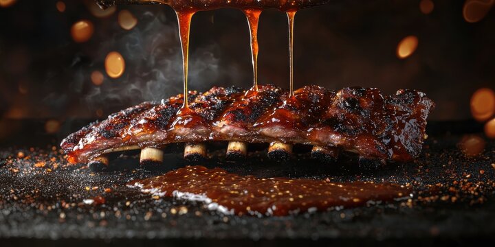 Floating barbecue ribs with dripping smoky sauce on a deep charred brown background 3D background minimalistic mockup with space for text