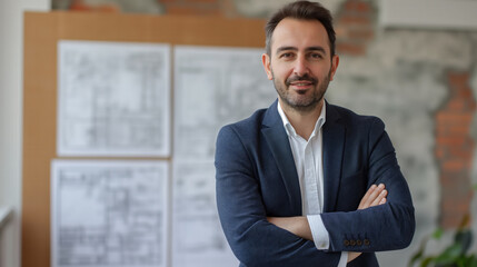 Fototapeta premium Confident CEO of a Construction Company Standing in Front of a Real Estate Development Plan