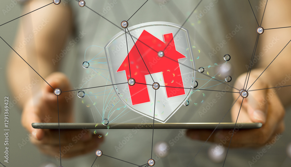 Poster home data. Digital cyberspace with particles and Digital data network connections concept.