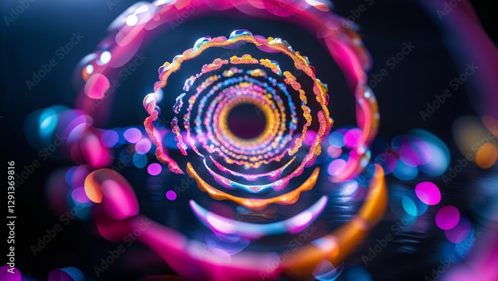 Poster colorful abstract spiral pattern with vibrant lights and bubbles creating a mesmerizing effect