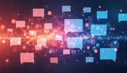 Colorful chat bubbles and abstract background with bokeh effects for communication and social media concept in stock photography