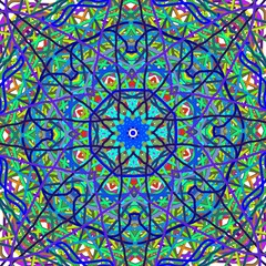 A vibrant and intricate abstract mandala pattern with a symmetrical design. The artwork features complex geometric shapes and detailed line work, creating a mesmerizing kaleidoscope effect.