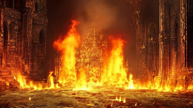 Intense flames engulf a scorched landscape in a fiery underworld setting, Hell background full fire burn very hot place