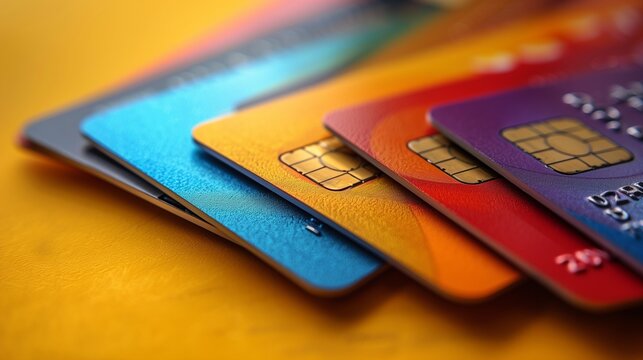Vibrant array of colorful credit cards with chip technology displayed on a bright yellow background showcasing modern payment methods