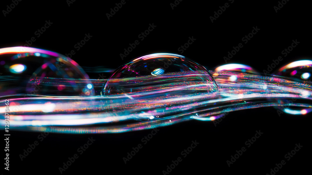 Poster holographic bubbles reflecting laser light patterns on black background
