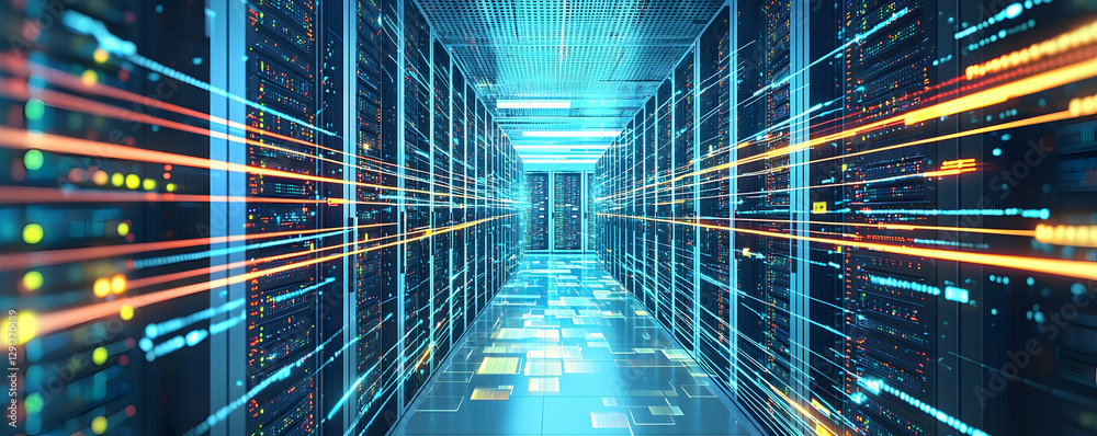 Poster futuristic data center streams digital lines through servers