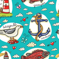 Seamless Nautical Pattern Marine Summer Hand-Drawn Illustration