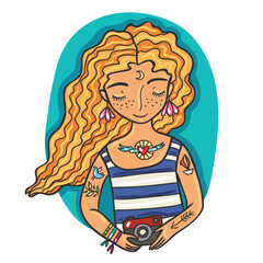 Boho Summer Girl with Camera Hand-Drawn Illustration
