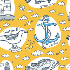 Seamless Nautical Pattern Hand-Drawn Marine Design on Yellow