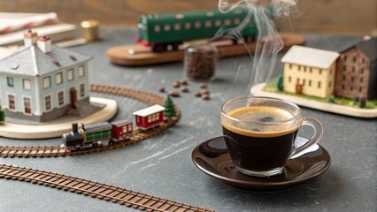 Espresso served beside miniature train figurines in a cozy indoor setting, creating a warm ambiance for coffee lovers