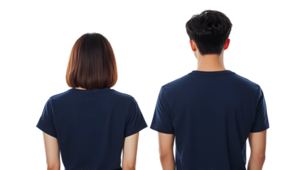 Portrait of a young beautiful woman short hair and handsome man korean wearing a navy blue T-shirt and jeans, back view, mockup template design